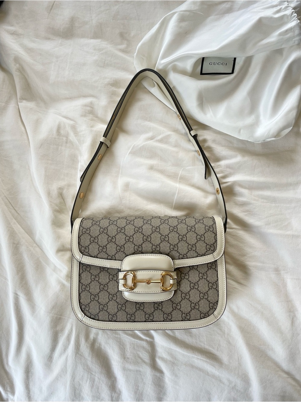 Gucci Supreme 1955 Horsebit Shoulder Bag with White Trim, Deadstock, Medium - Picture 2 of 10